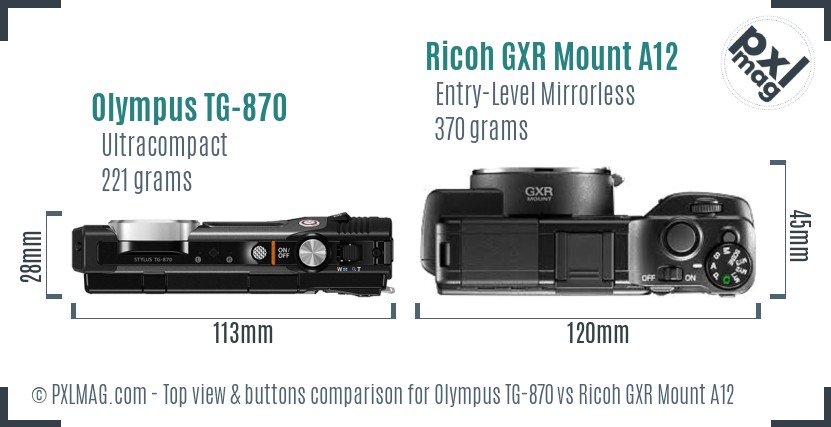 Olympus TG-870 vs Ricoh GXR Mount A12 top view buttons comparison