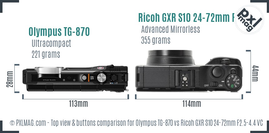 Olympus TG-870 vs Ricoh GXR S10 24-72mm F2.5-4.4 VC top view buttons comparison