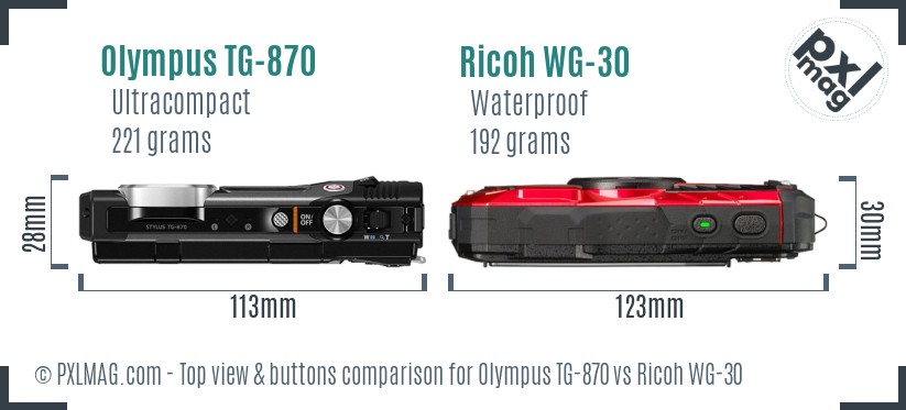 Olympus TG-870 vs Ricoh WG-30 top view buttons comparison