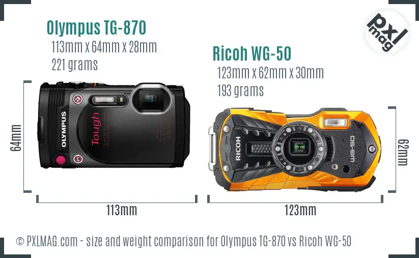Olympus TG-870 vs Ricoh WG-50 size comparison