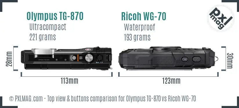Olympus TG-870 vs Ricoh WG-70 top view buttons comparison