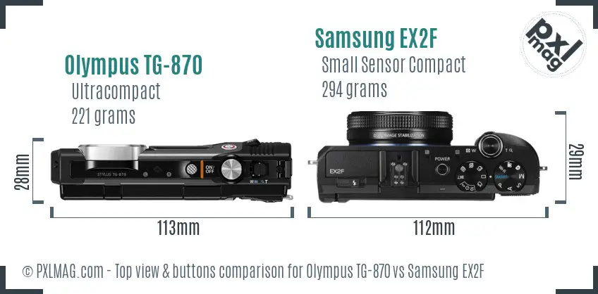 Olympus TG-870 vs Samsung EX2F top view buttons comparison Olympus TG-870 vs Samsung EX2F top view buttons comparison