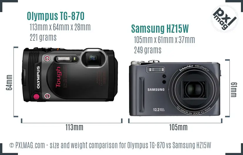 Olympus TG-870 vs Samsung HZ15W size comparison