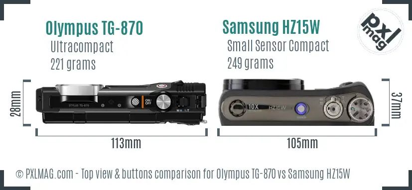 Olympus TG-870 vs Samsung HZ15W top view buttons comparison