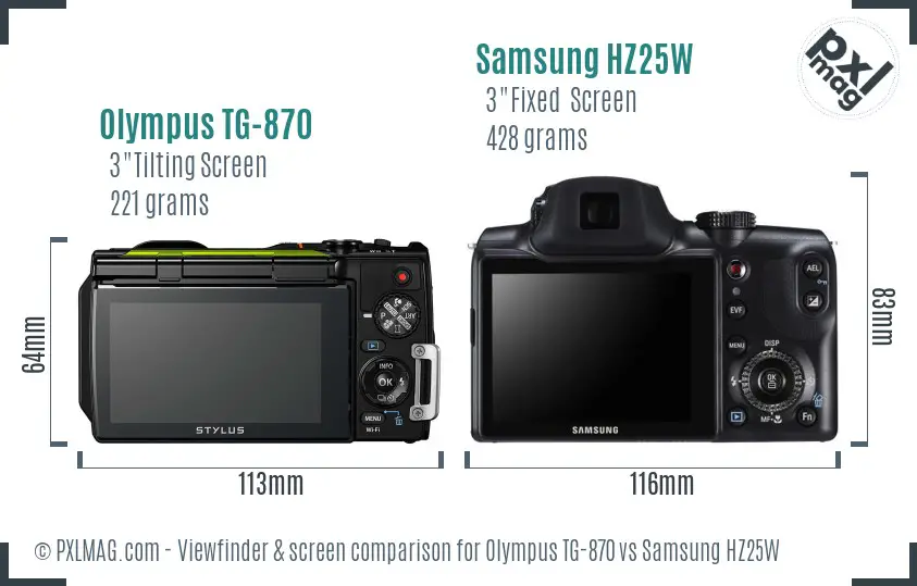 Olympus TG-870 vs Samsung HZ25W Screen and Viewfinder comparison