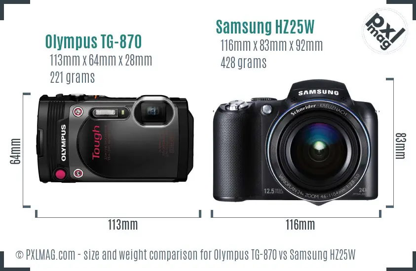 Olympus TG-870 vs Samsung HZ25W size comparison