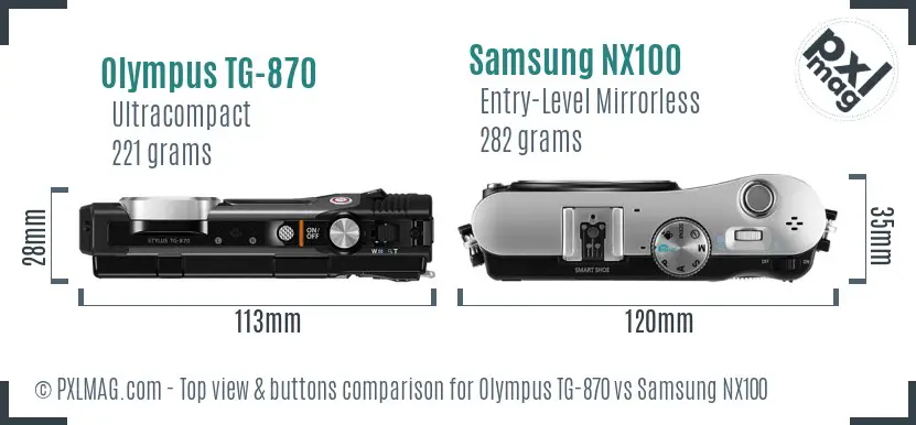 Olympus TG-870 vs Samsung NX100 top view buttons comparison Olympus TG-870 vs Samsung NX100 top view buttons comparison