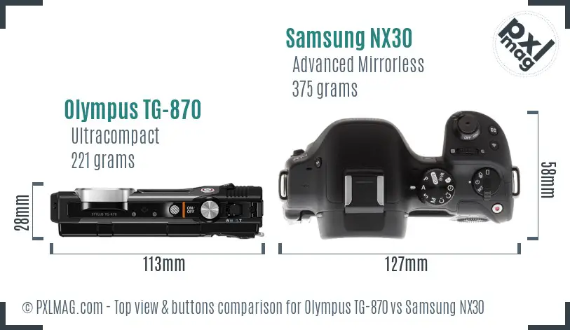 Olympus TG-870 vs Samsung NX30 top view buttons comparison Olympus TG-870 vs Samsung NX30 top view buttons comparison