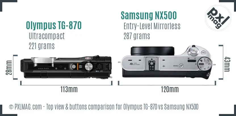 Olympus TG-870 vs Samsung NX500 top view buttons comparison