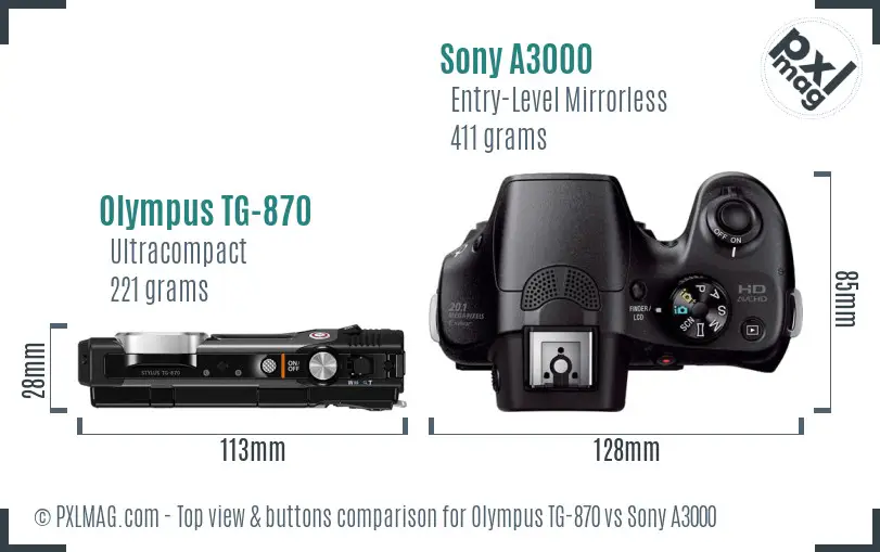 Olympus TG-870 vs Sony A3000 top view buttons comparison Olympus TG-870 vs Sony A3000 top view buttons comparison