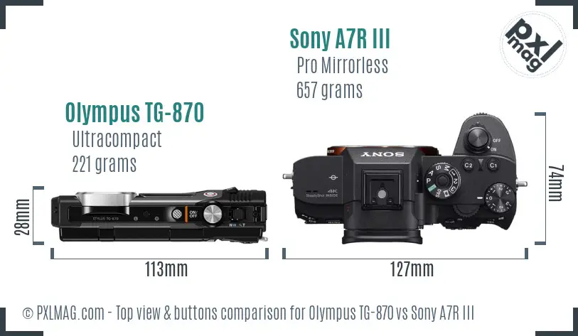 Olympus TG-870 vs Sony A7R III top view buttons comparison
