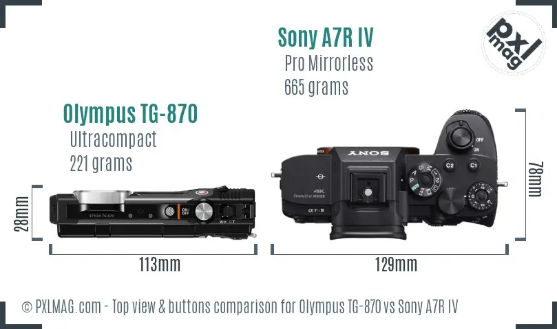Olympus TG-870 vs Sony A7R IV top view buttons comparison