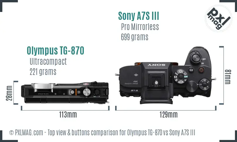 Olympus TG-870 vs Sony A7S III top view buttons comparison Olympus TG-870 vs Sony A7S III top view buttons comparison