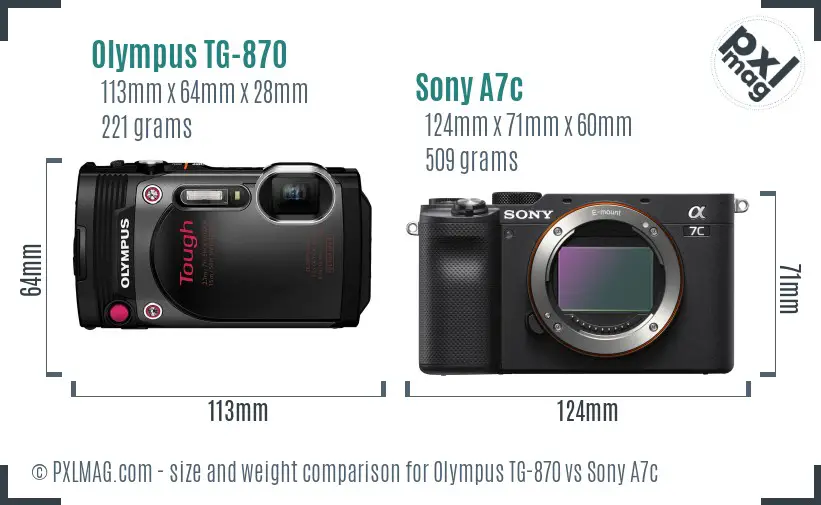 Olympus TG-870 vs Sony A7c size comparison