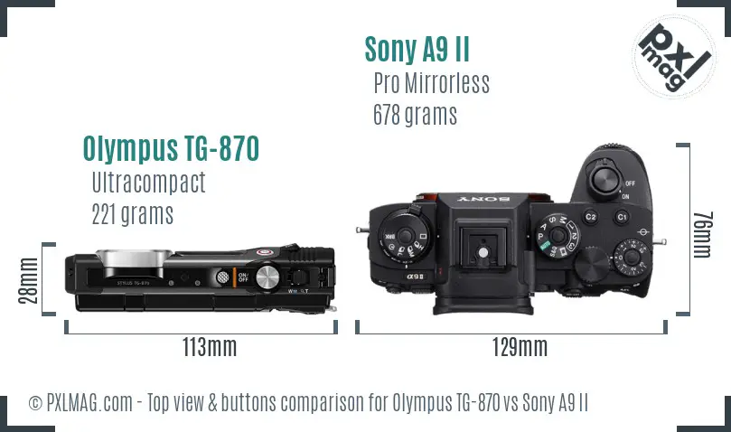 Olympus TG-870 vs Sony A9 II top view buttons comparison