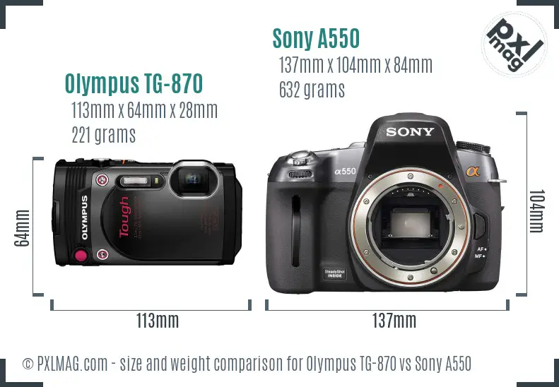 Olympus TG-870 vs Sony A550 size comparison