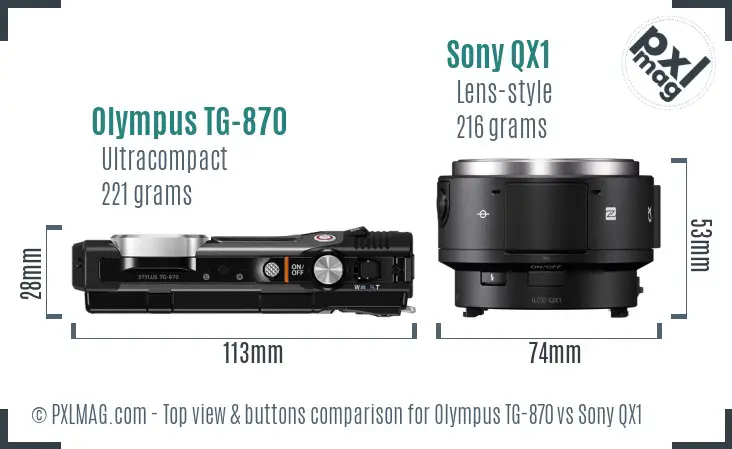 Olympus TG-870 vs Sony QX1 top view buttons comparison