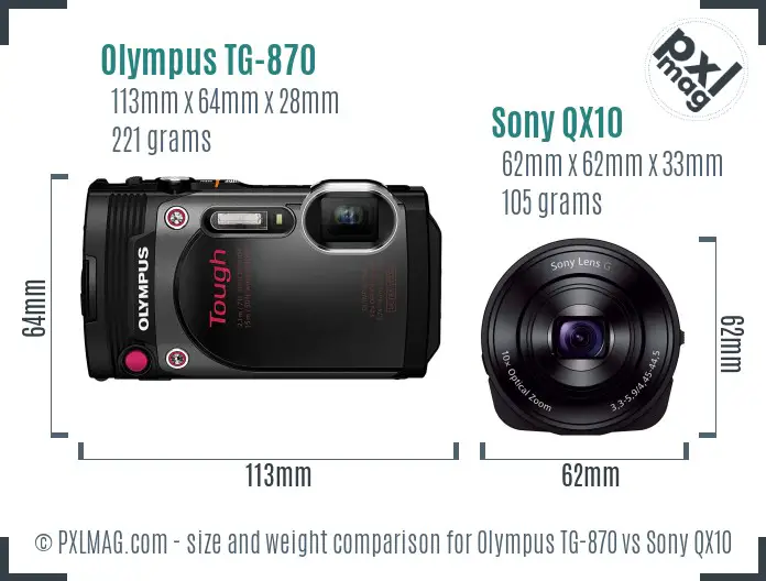 Olympus TG-870 vs Sony QX10 size comparison