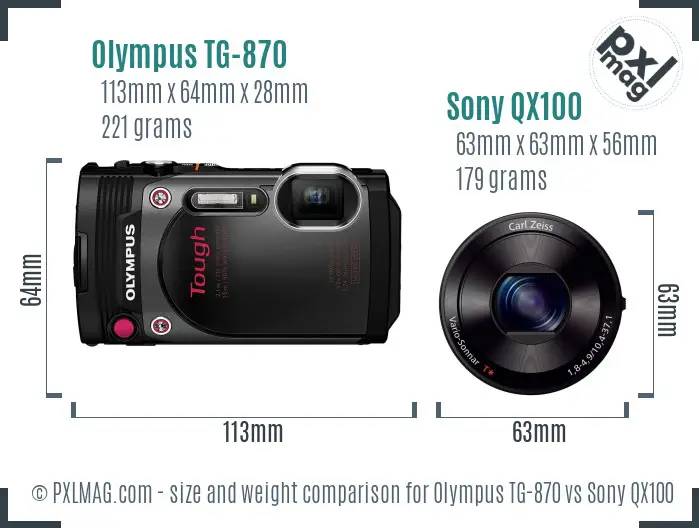 Olympus TG-870 vs Sony QX100 size comparison