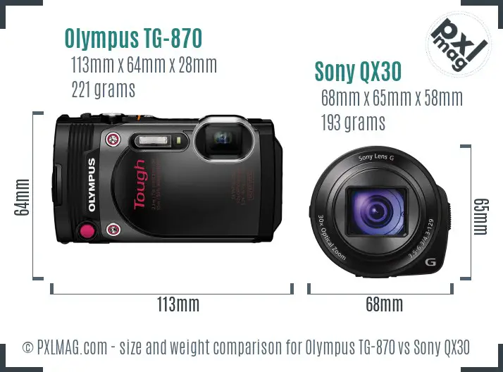 Olympus TG-870 vs Sony QX30 size comparison