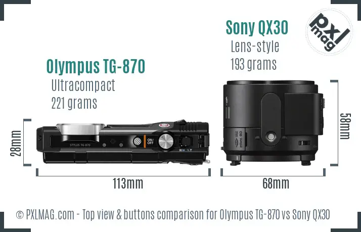 Olympus TG-870 vs Sony QX30 top view buttons comparison