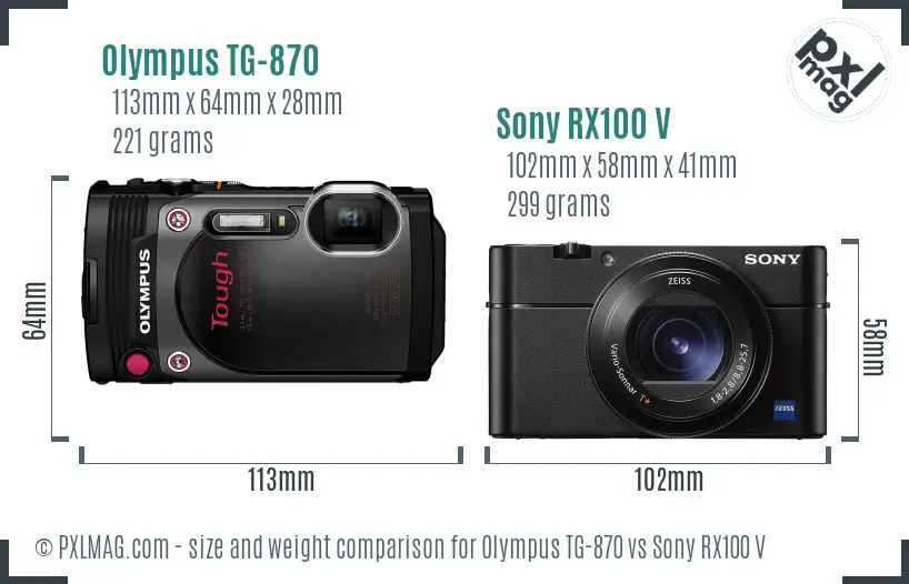Olympus TG-870 vs Sony RX100 V size comparison
