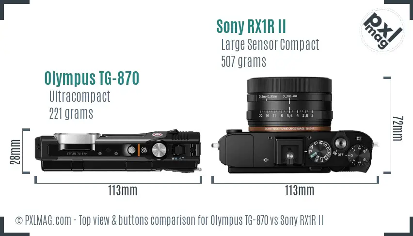 Olympus TG-870 vs Sony RX1R II top view buttons comparison