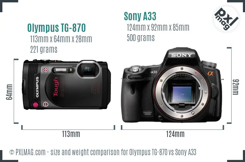 Olympus TG-870 vs Sony A33 size comparison