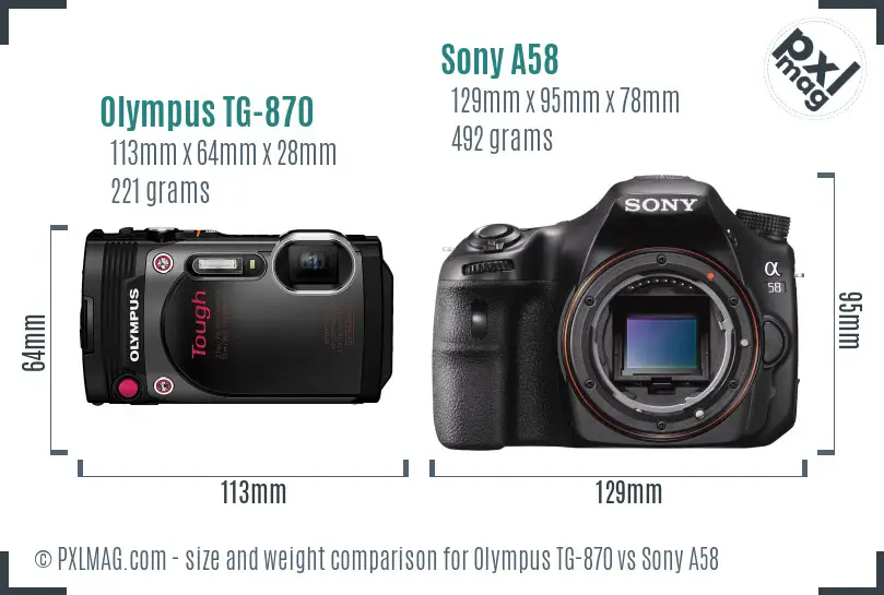 Olympus TG-870 vs Sony A58 size comparison