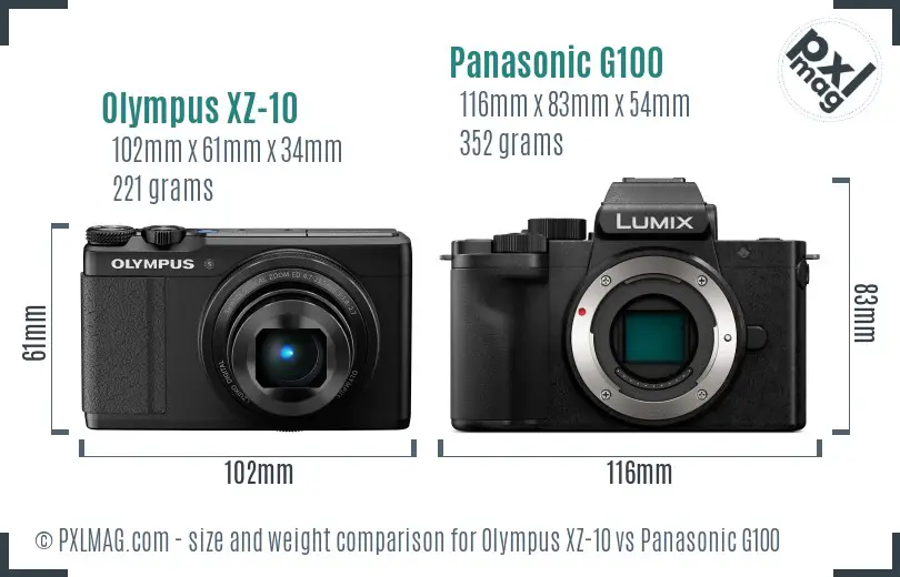 Olympus XZ-10 vs Panasonic G100 size comparison