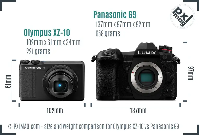 Olympus XZ-10 vs Panasonic G9 size comparison