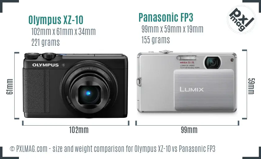 Olympus XZ-10 vs Panasonic FP3 size comparison