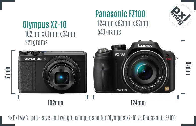 Olympus XZ-10 vs Panasonic FZ100 size comparison