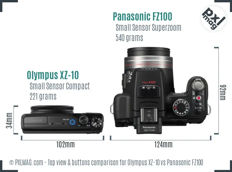Olympus XZ-10 vs Panasonic FZ100 top view buttons comparison