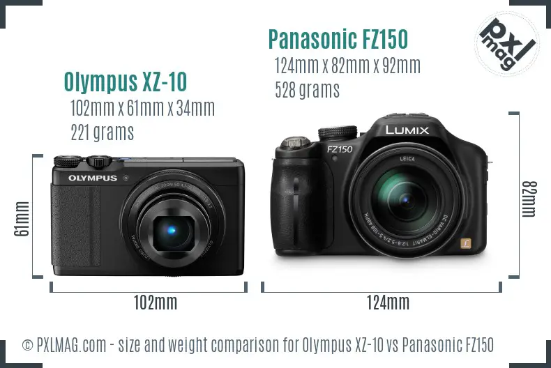 Olympus XZ-10 vs Panasonic FZ150 size comparison