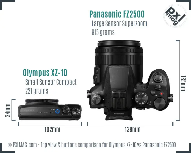 Olympus XZ-10 vs Panasonic FZ2500 top view buttons comparison Olympus XZ-10 vs Panasonic FZ2500 top view buttons comparison