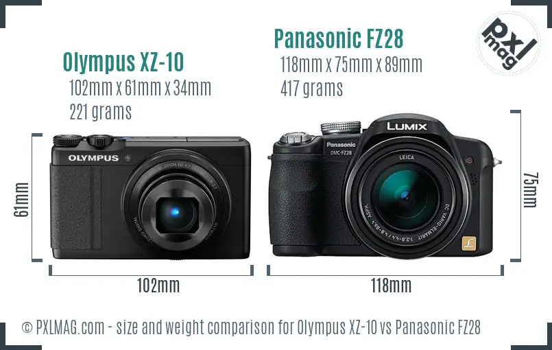 Olympus XZ-10 vs Panasonic FZ28 size comparison