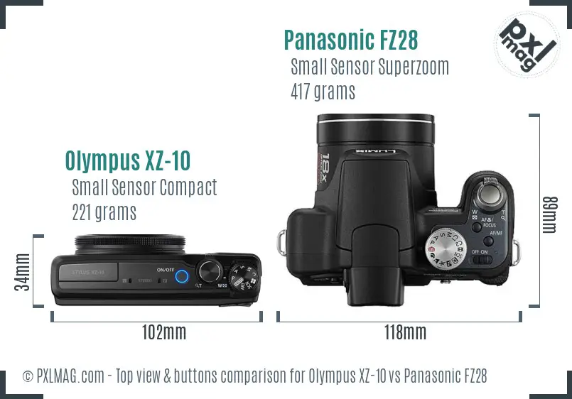 Olympus XZ-10 vs Panasonic FZ28 top view buttons comparison