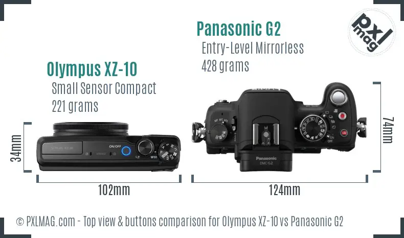 Olympus XZ-10 vs Panasonic G2 top view buttons comparison Olympus XZ-10 vs Panasonic G2 top view buttons comparison
