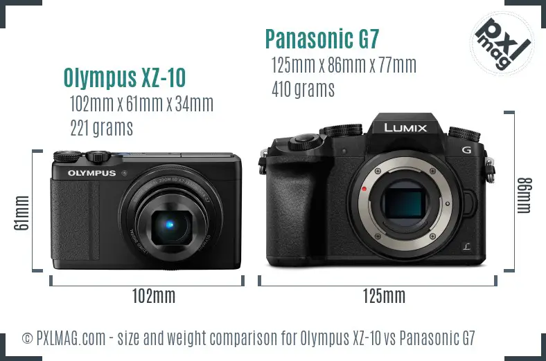 Olympus XZ-10 vs Panasonic G7 size comparison