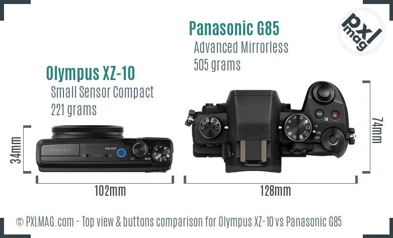 Olympus XZ-10 vs Panasonic G85 top view buttons comparison