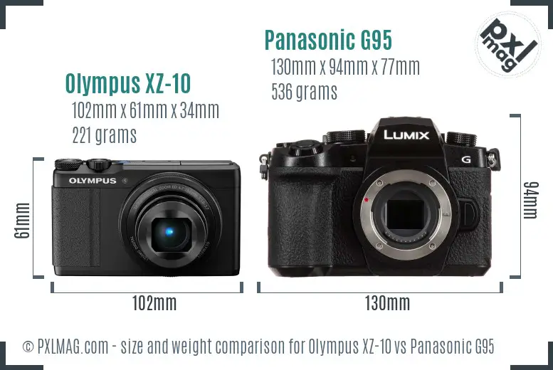 Olympus XZ-10 vs Panasonic G95 size comparison