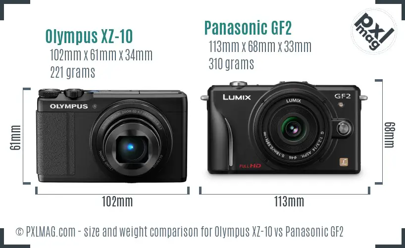 Olympus XZ-10 vs Panasonic GF2 size comparison
