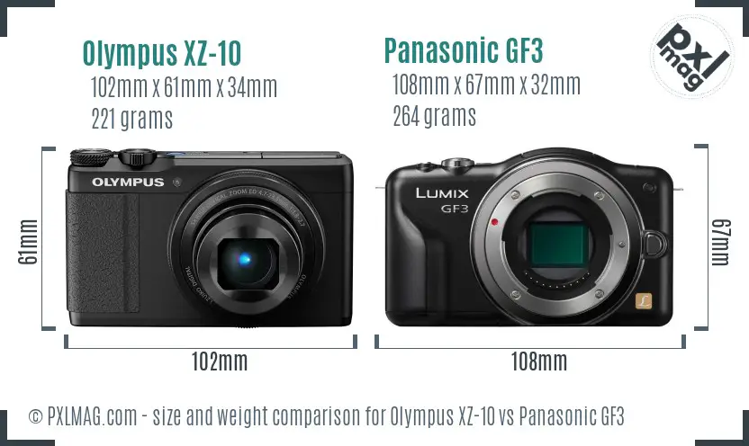 Olympus XZ-10 vs Panasonic GF3 size comparison