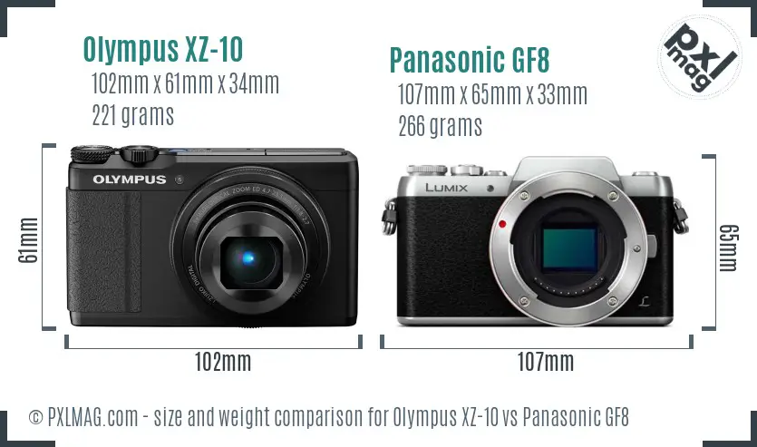 Olympus XZ-10 vs Panasonic GF8 size comparison