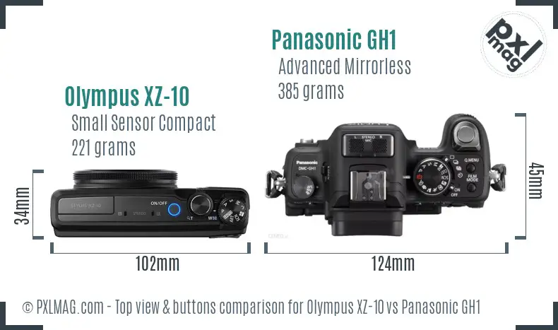 Olympus XZ-10 vs Panasonic GH1 top view buttons comparison