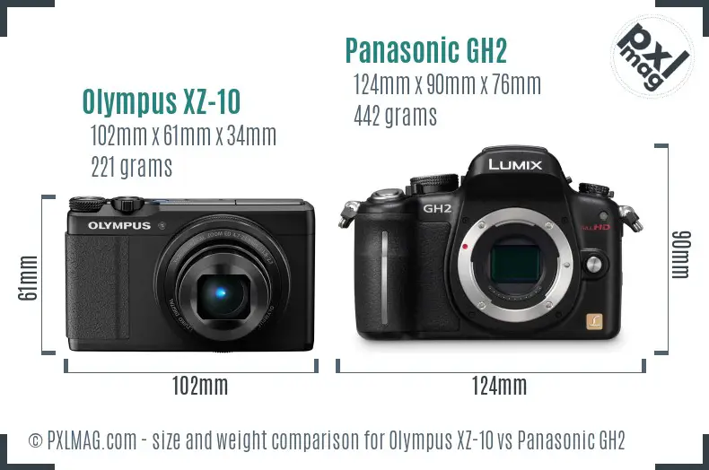 Olympus XZ-10 vs Panasonic GH2 size comparison