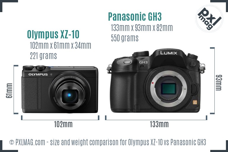 Olympus XZ-10 vs Panasonic GH3 size comparison