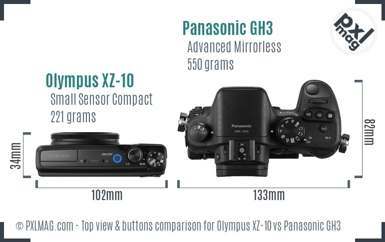 Olympus XZ-10 vs Panasonic GH3 top view buttons comparison