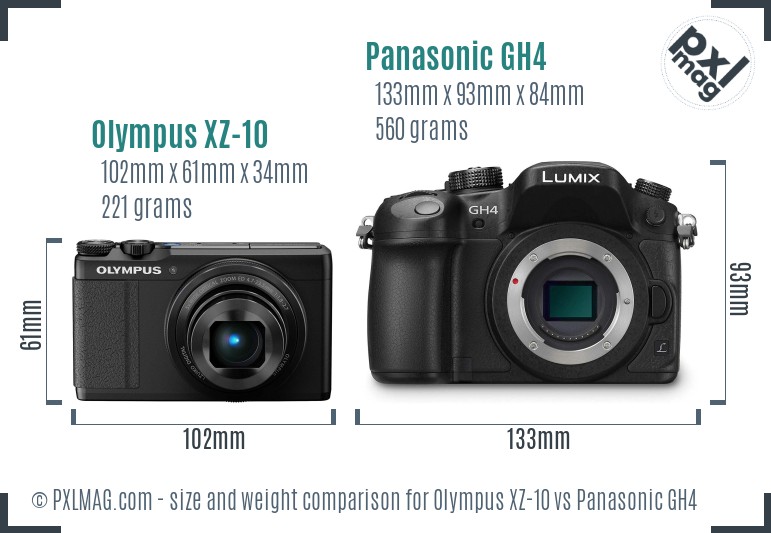 Olympus XZ-10 vs Panasonic GH4 size comparison